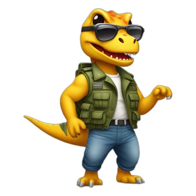 de un dinosaurio bailando con un chaleco táctico militar y gafas de sol  sticker