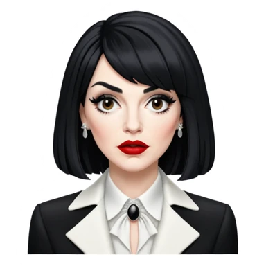 Moira Rose from Schitt's Creek with dramatic black and white outfit, bold red lips, distinctive black wig, and exaggerated expression sticker