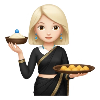 Russian girl in Indian black saree with full image from head to leg and holding one small cream colour plastic tray in her both hands sticker