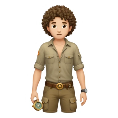 full body jungle explorer man, curly hair, from behind, half-open shirt slipping off shoulders, relic compass in hand sticker