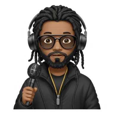 African American man with shoulder length black dreadlocks with black beard wearing dark black sunglasses wearing a black bubble coat with headphones on rapping into a recording studio microphone sticker
