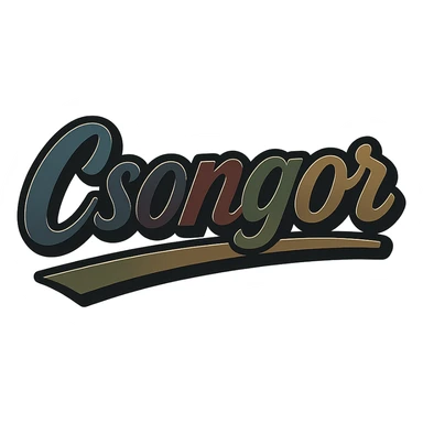Csongor name in masculine, modern gradient font with dark contour and thin white edging, dynamic slanted underline, masculine color shades (blue, gray, burgundy, green, brown), 1000x1000 px, PNG, transparent background, in the style of the uploaded Attila sample. sticker