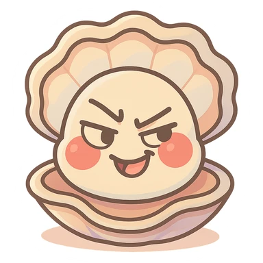 Enhance the cute oyster by adding pastel highlights, accentuating the cream and greige effect, giving more volume to the shell, making the red cheeks more luminous and soft, while keeping the mischievous expression and transparent background. sticker