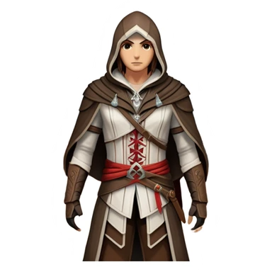 icon featuring Assasin's Creed in an iconic assassin's hood, standing tall against the backdrop of Florence. The design captures the essence of adventure, with intricate details of historical architecture and a sense of mystery. The character is poised, ready for action. transparent background. sticker