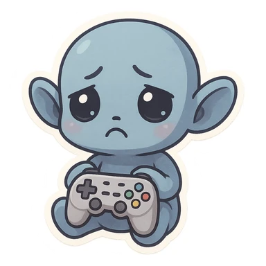 a little blue alien with gouty eyes holding a video game controller  sticker