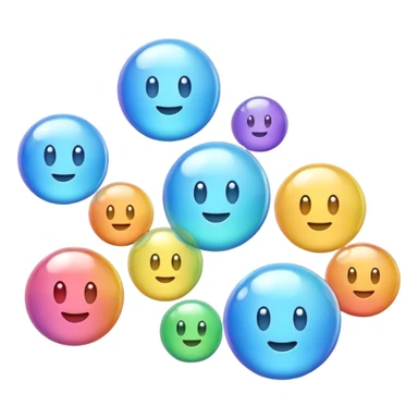 3D iPhone style emoji of multiple bubbles, translucent and shiny, floating in the air, various sizes, isolated on white background, soft shadows, high detail, playful and cute. sticker