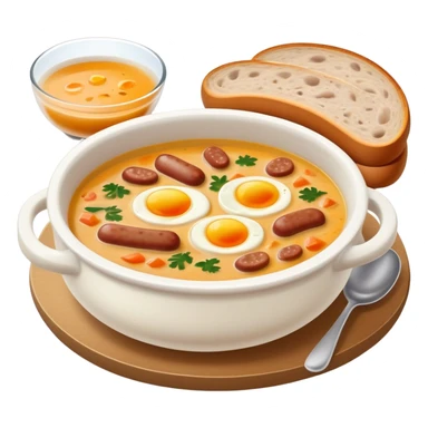 Cinematic Realistic ≈ªurek Soup Dish Emoji, depicted as a tangy, creamy rye soup with sausage and egg rendered with detailed textures and warm, comforting lighting. sticker
