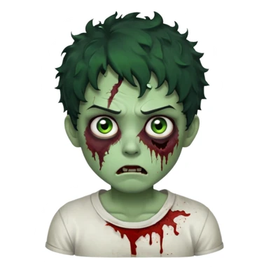 zombie character with green skin, messy short curly black hair, and no glasses. Give him large expressive eyes, a slightly frightened or eerie expression, subtle wounds, dark under-eye shadows, and a few cracks or dried blood marks on the face.  white shirt and no bleeding eyes **BLACK HAIR** sticker