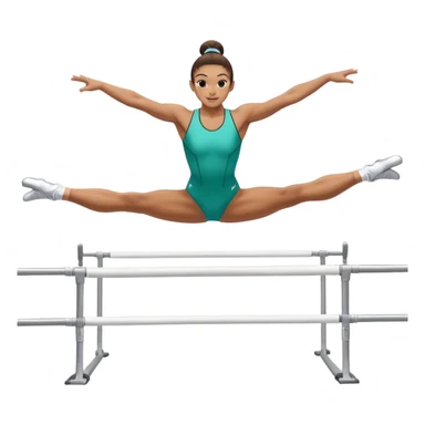 Professional gymnast performing a dynamic routine on parallel bars, captured mid-air in an elegant flip. The background features a well-lit gymnastics arena with a cheering audience. The athlete's posture and expression convey strength, control, and perfect coordination. sticker