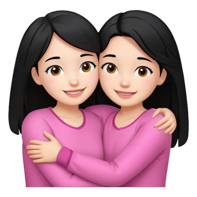 2 girls with black hair hugging each other. One is wearing white clothes and the other is wearing pink clothes sticker