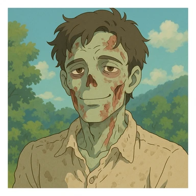 handsome zombie, ghibli style, soft colors, appealing face, gentle smile sticker