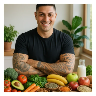 Create a realistic image of a man with the face and appearance of the person in the reference photo, standing in front of a table with a variety of foods representing a diverse and sustainable diet: fruits, vegetables, whole grains, legumes, seeds, nuts, and some local products. The tone should be positive, natural, and healthy. sticker