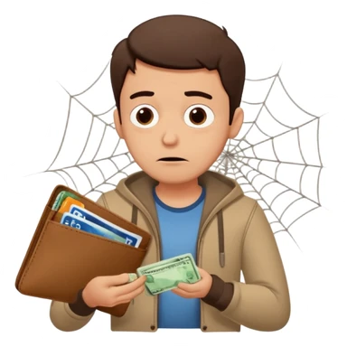 A cartoon guy checking his empty wallet with cobwebs inside, caption: ‘Bro: Let’s go Goa!’ and the guy replies ‘Mere bank balance ne block kar diya.’ Over-the-top sad expression sticker