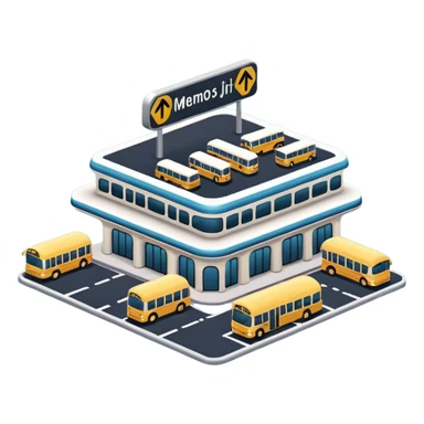 A 3D cartoon bus terminal with multiple buses parked, roofed structure, and directional signs, Memoji-style. sticker