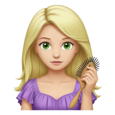 blonde woman with swamp green eyes and a soft purple dress combing her hair, iOS emoji style sticker