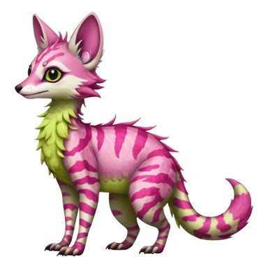 Feral Rare Fantasy   vivid tropical mango-lime-pink splash-patterned silky fur Vernid-Sergal-Genet-Trico-species by LiLaiRa, random markings, tufted tail, tufted ears, full body sticker