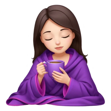 girl brunette inside a violet blanket sipping coffee from pink mug eyes closed sticker