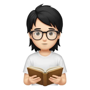 generate a pretty fair bratz boy with a long messy mullet (black hair), wearing a white tshirt. Reading a book. He has spectacles on.  sticker