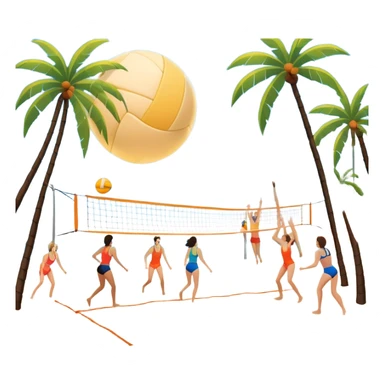 The scene captures a sunny beach atmosphere with clear blue sea and sky, palm trees swaying, and people in swimsuits enjoying the vibrant surroundings. A volleyball resting on the orange sand ground of a beach, with a volleyball net in the background.  sticker