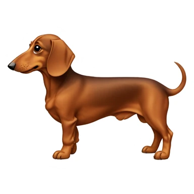 a full-length brown dachshund with light brown fluffy ears and a breast sticker
