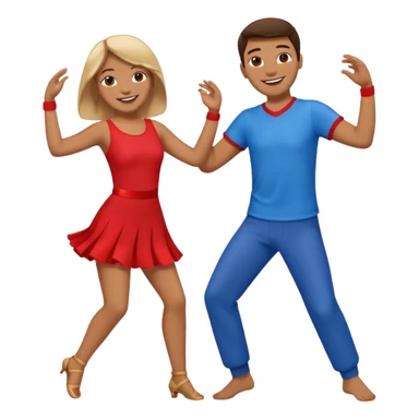 two people dancing together, one wearing red and one wearing blue sticker