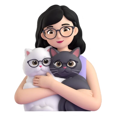 Skinny woman with oval glasses, shoulder length straight black hair, wearing white sleeveless top, hugging a grey Persian-Angora cat, plain background sticker