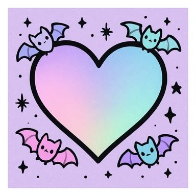 pastel goth heart with pastel bats and black stars sticker
