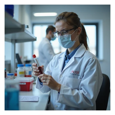 realistic doctor in lab coat performing or analyzing a blood sample collection in a clinical laboratory environment, blood test tube visible, laboratory instruments visible, clinical setting sticker