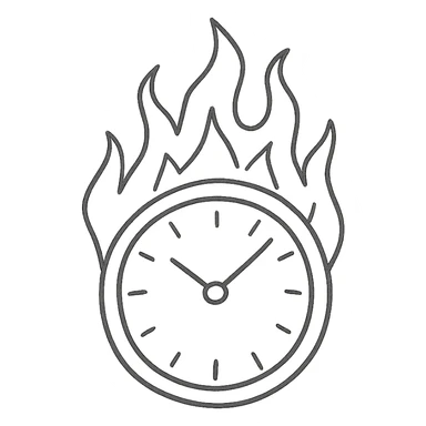 minimal hand-drawn outlined icon of a burning round clock with vivid flames, no fill sticker