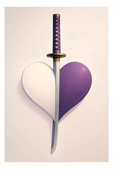 An elegant katana vertically piercing through the center of a stylized heart, left side of the heart white, right side purple, very aesthetic rendering, refined finishes, modern illustration style, soft light effect. sticker