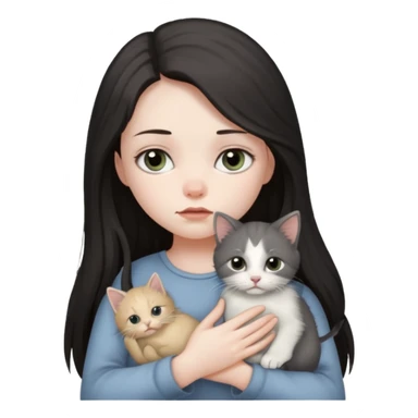 Девушка с тёмными длинными волосами сидит грустная с котёнком в руках sticker