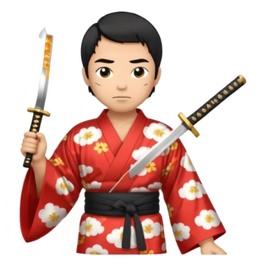 Tan and short haired man in kimono with cloud print holding katana sticker