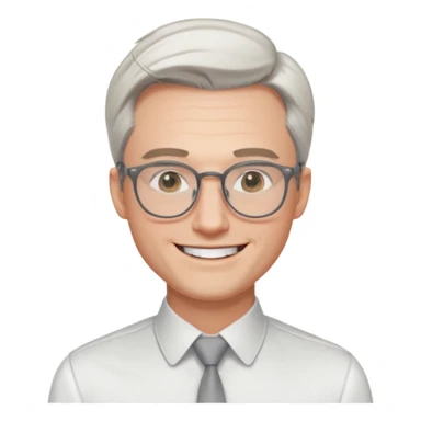 30 yr old pale white man, white/grey side swept stylish hair, round glasses, big smile, white teeth, handsome, longer hair, thin glasses, white dress shirt, smooth forehead, botox, no tie, open collar sticker