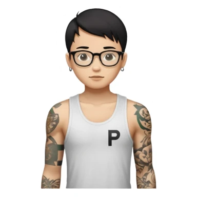 A young boy with A macbook laptop, black straight short hair, wearing glasses, wearing a tanktop, has tattoos, he is asian

Add the letters "P I F" floating around sticker