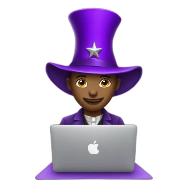 magician with a purple magic hat with a star working on a macbook sticker
