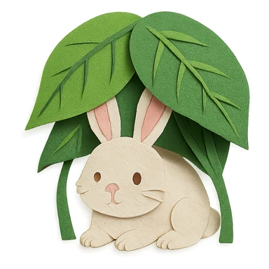 a bunny hiding under giant forest leaves, whimsical feel, paper craft style sticker
