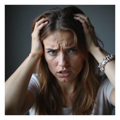 woman with hands in hair, stressed and nervous expression, hyperrealism 4K, variation 8 sticker