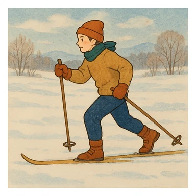 Ghibli style icon of a cross-country skier, serene snowy field, detailed clothing, gentle animation feel sticker