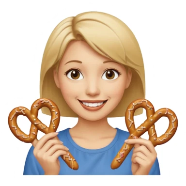 Short, Straight, Dirty blond hair, fair skin, woman holding pretzels and winking sticker