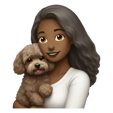 Girl with brown long straight hair, holding a dark gray maltipoo with a white snout sticker