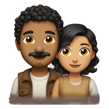 Girl with black hair, hazel eyes and tan skin hugging a boy with tan skin, brown curly hair, brown eyes and a mustache and goatee sticker