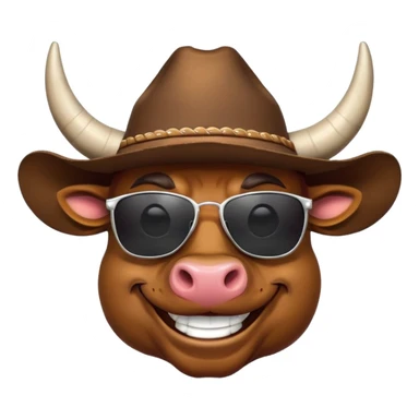 smiling bull head with prominent horns, dark sunglasses, and cowboy hat sticker