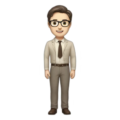 Full height Pale skinned fit man with dark brown hair in gray jacket, beige office shirt, brown tie, brown pants and vintage glasses. His right hand stretched out sticker