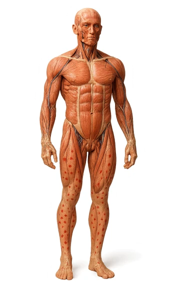 corpo umano anatomico a figura intera con red spot sparsi sulle gambe, iperrealistica in 3d sticker
