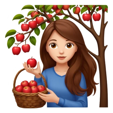 Attractive Girl with long brown hair picking an apple off a tree with a basket of apples sticker
