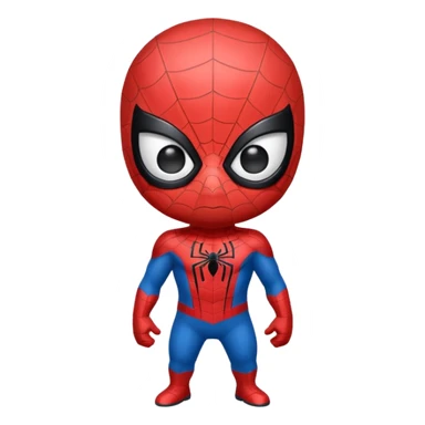 A cute caricature Spider-Man emoji, chibi style, oversized head and tiny body, big expressive white eyes, simplified red and blue suit, thick black outlines, glossy cartoon shading, friendly playful expression, clean vector style, centered face, emoji-sized, transparent background sticker