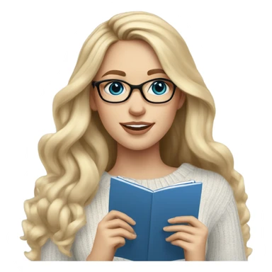 Blonde balayage long hair white women sweater blue eyes and small glasses holding note pad sticker