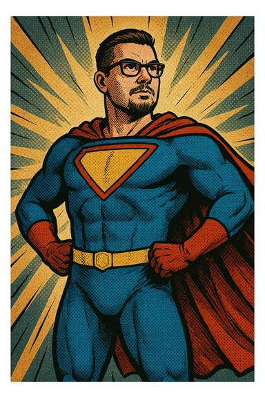 man with short hair, goatee, and glasses as a superhero, hands on hips, colorful suit, mask, heroic stance, classic comic book style sticker