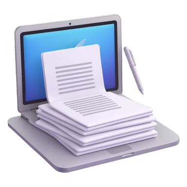 a MacBook with a stack of papers and a pen, 3D iOS icon style sticker