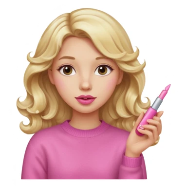 A long curled blonde haired girl with a pink sweater and holding a lip gloss sticker